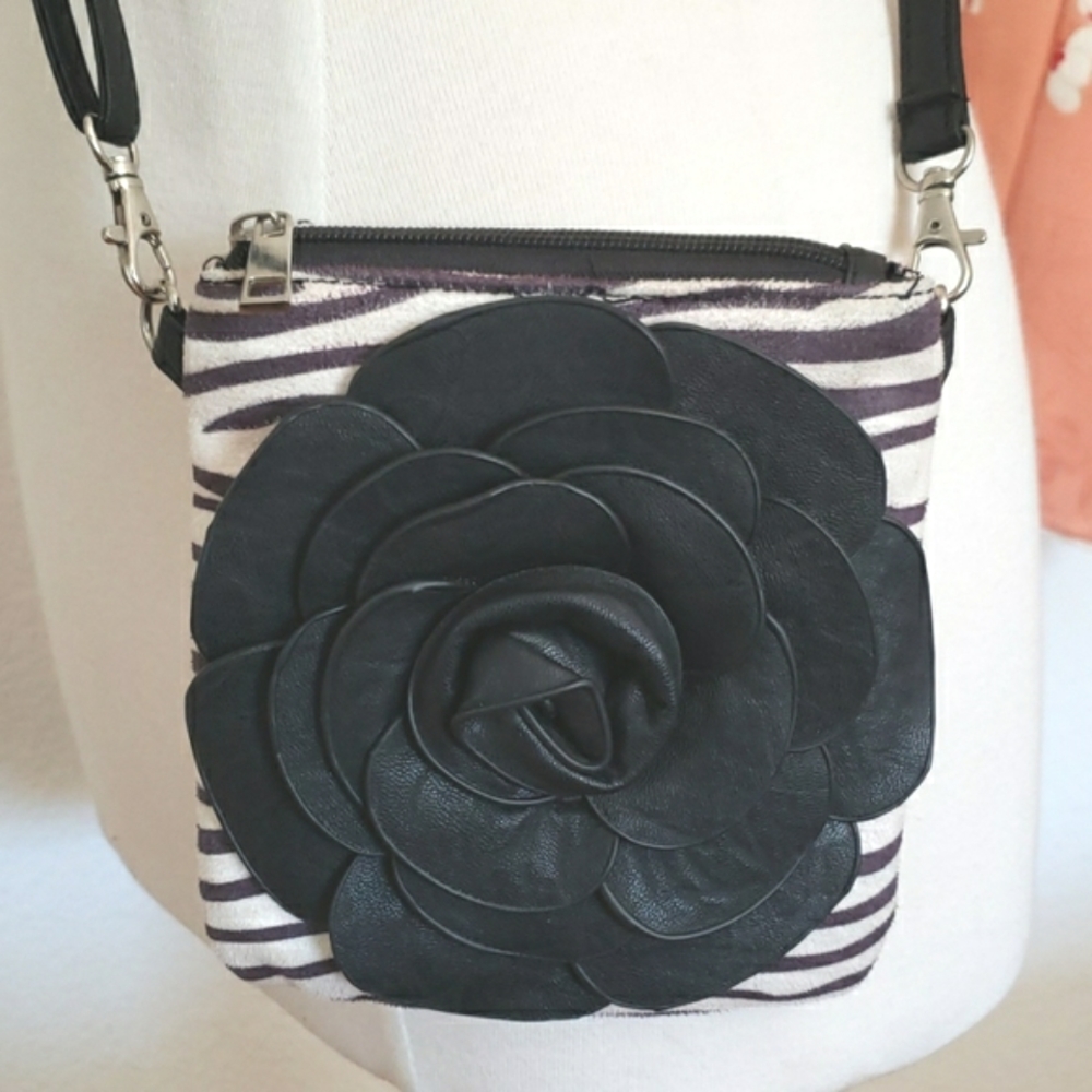 Zebra Print Faux Suede & Leather Rose Crossbody Bag